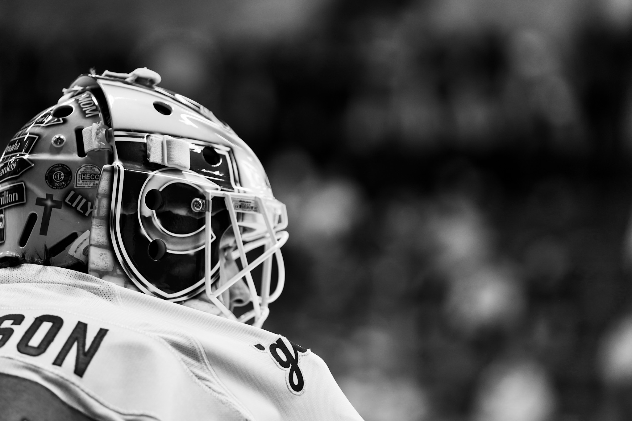 Hockey goalie helmet, black and white